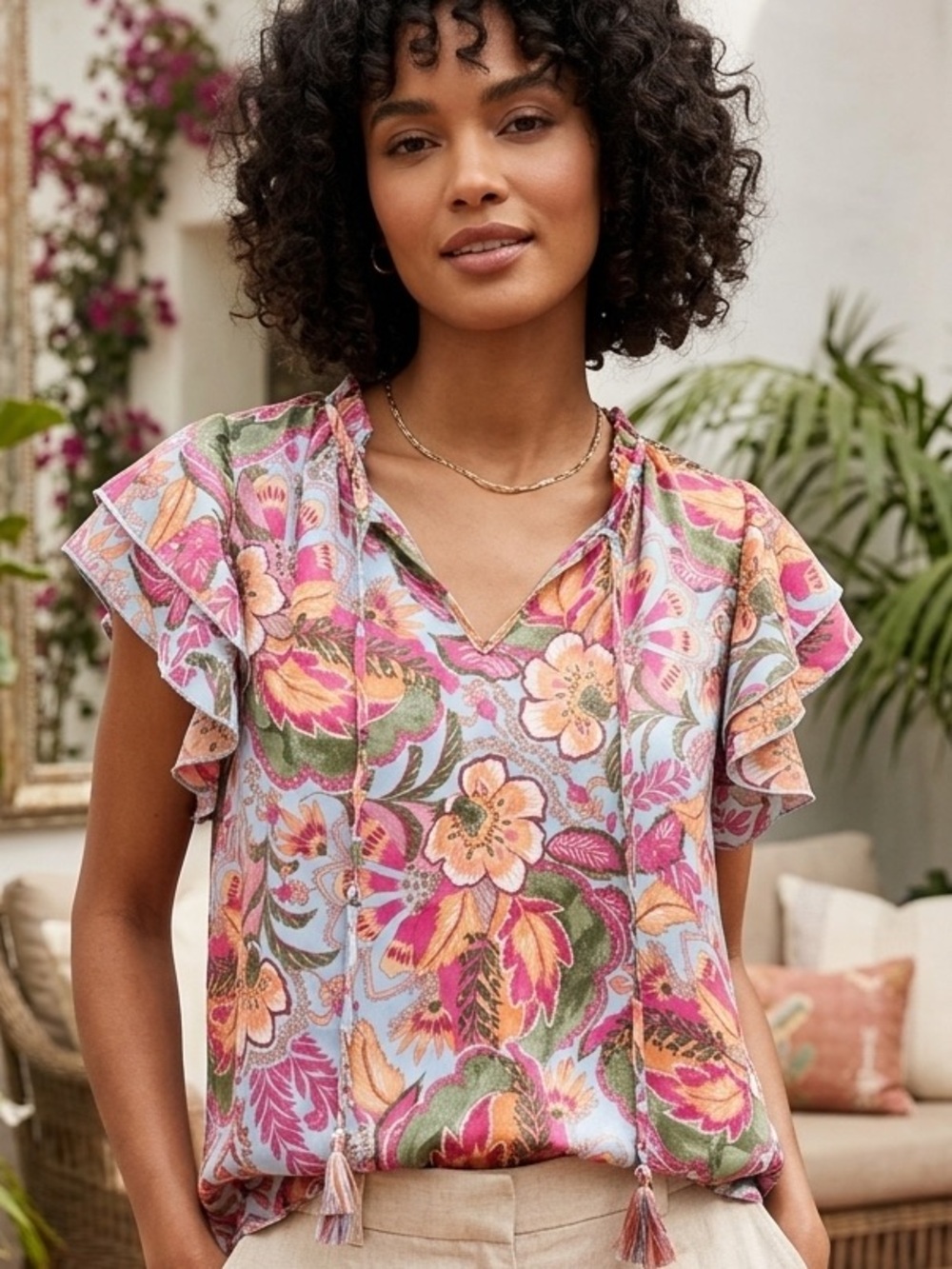 Chenault Multicolor Floral Ruffle Sleeve Blouse - Pink, Blue, Green